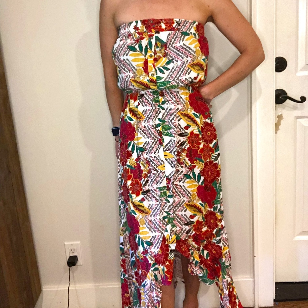 strapless asymmetrical maxi, floral pattern XS